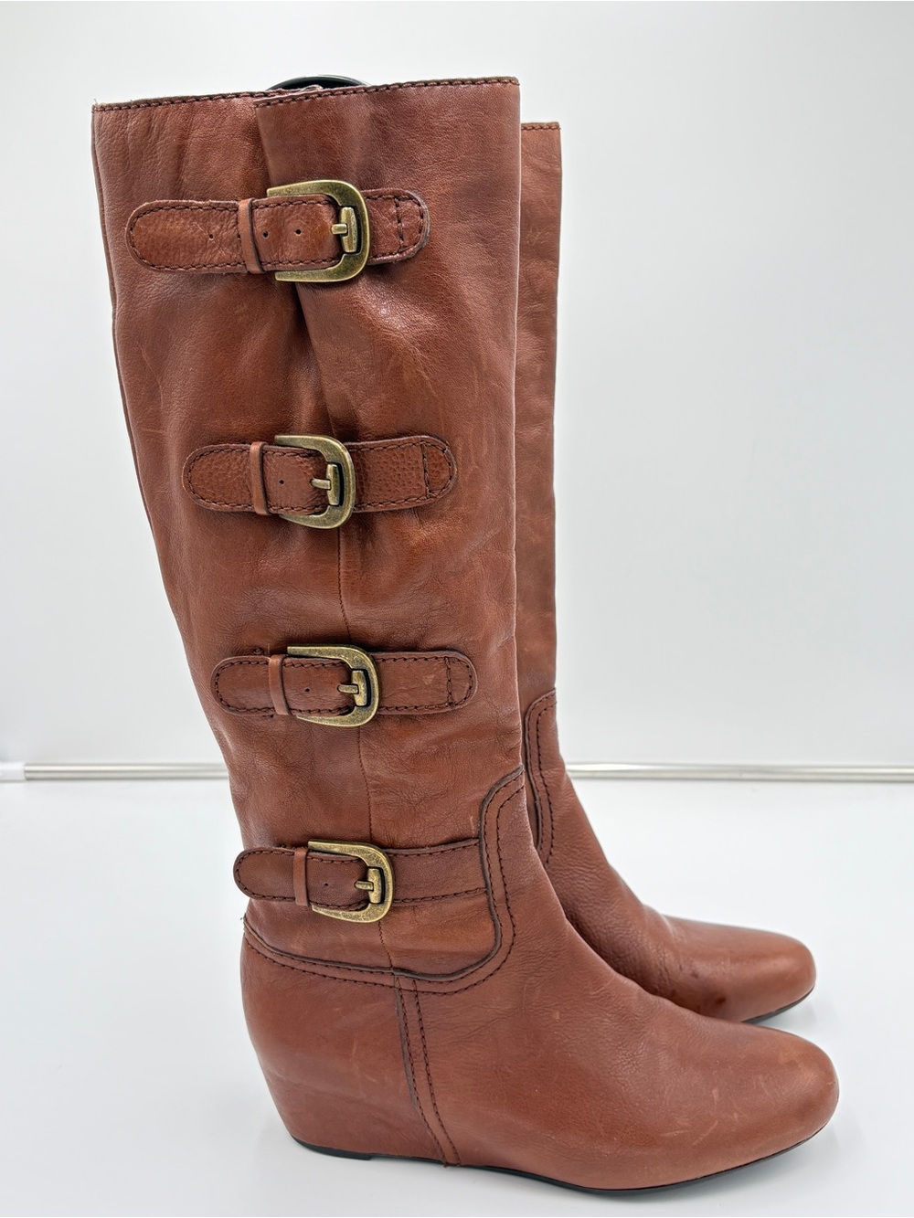 Franco Sarto Imply Brown Leather Wedge Y2K Buckle Tall Knee High Riding Boots 9